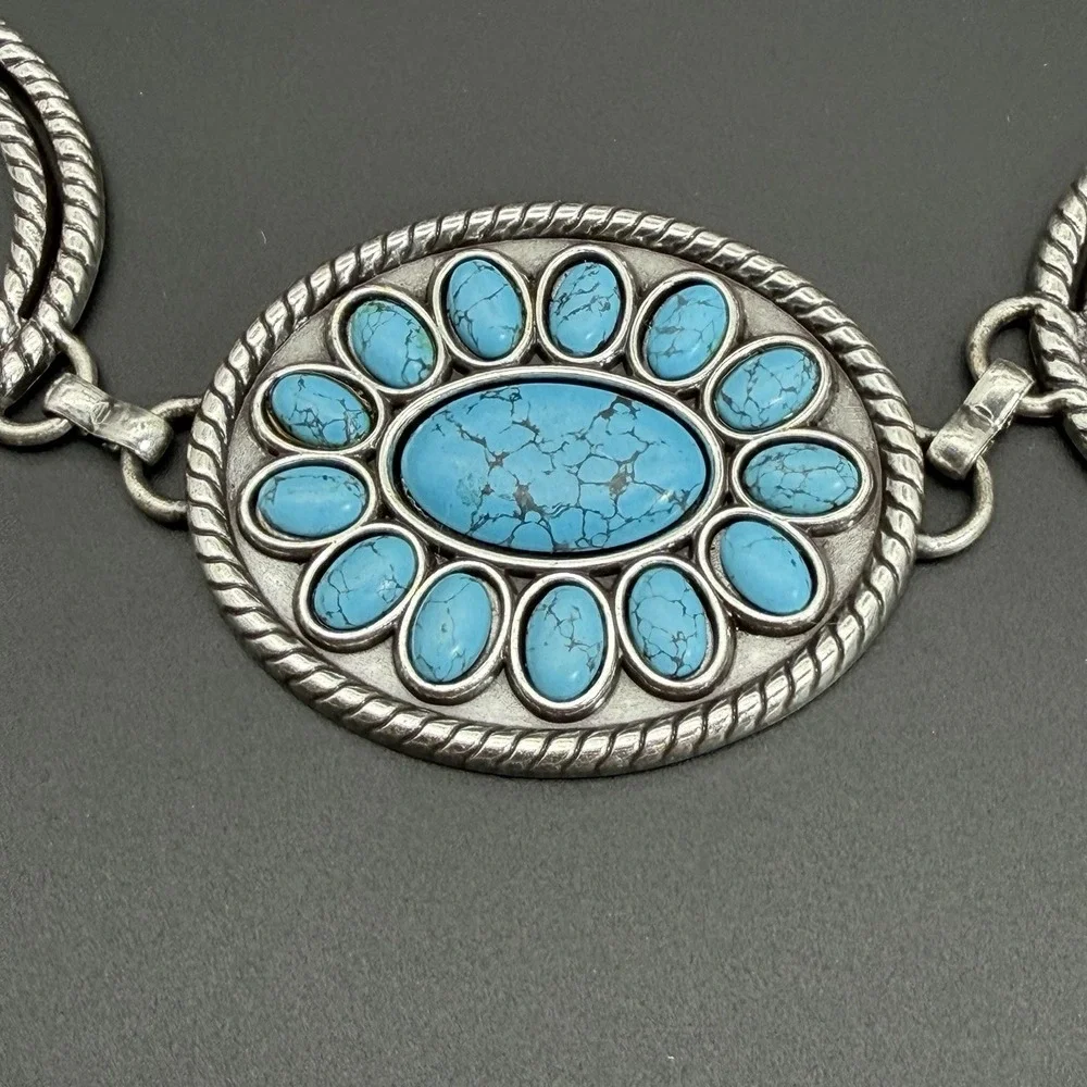 Chico's Women Belt Sm/Md Turquoise Stone Silver Medallion Southwestern Style NWT
